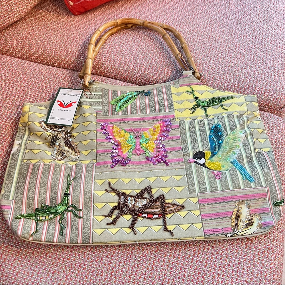 NWT Valentina Wanlong Bags -Embroidered Tote Bag with Bamboo Handles .